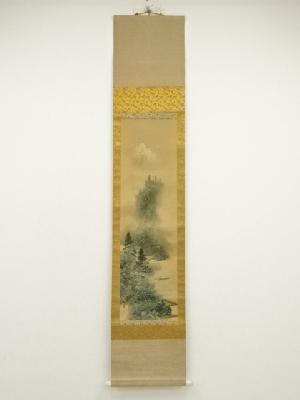 小野智久牛筆　彩色山水　肉筆絹本掛軸